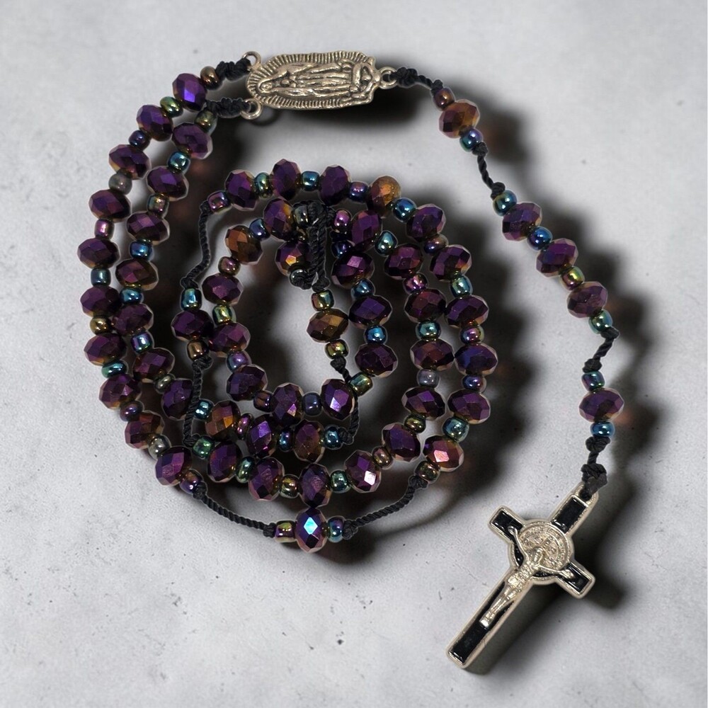 Our Lady Of Guadalupe Rosary St Benedict Crucifix Purple Aurora Crystal Cord 19"